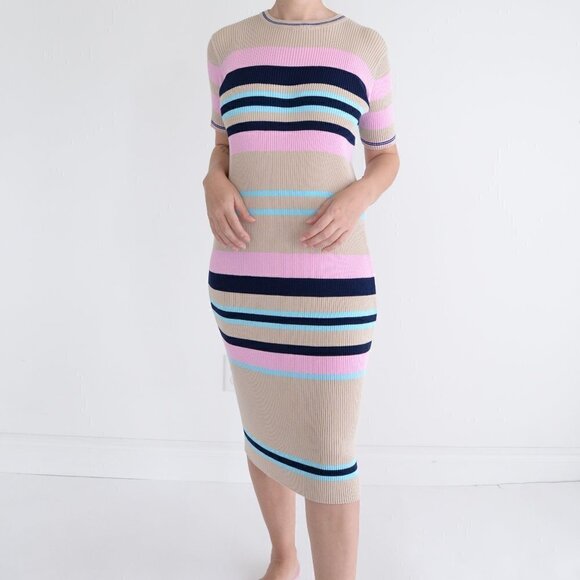 All Row Beige with Navy & Pink Stripe Bodycon Midi Short Sleeve Dress Medium - Picture 2 of 15